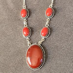 Elegant Red Carnelian Stone Silver Necklace